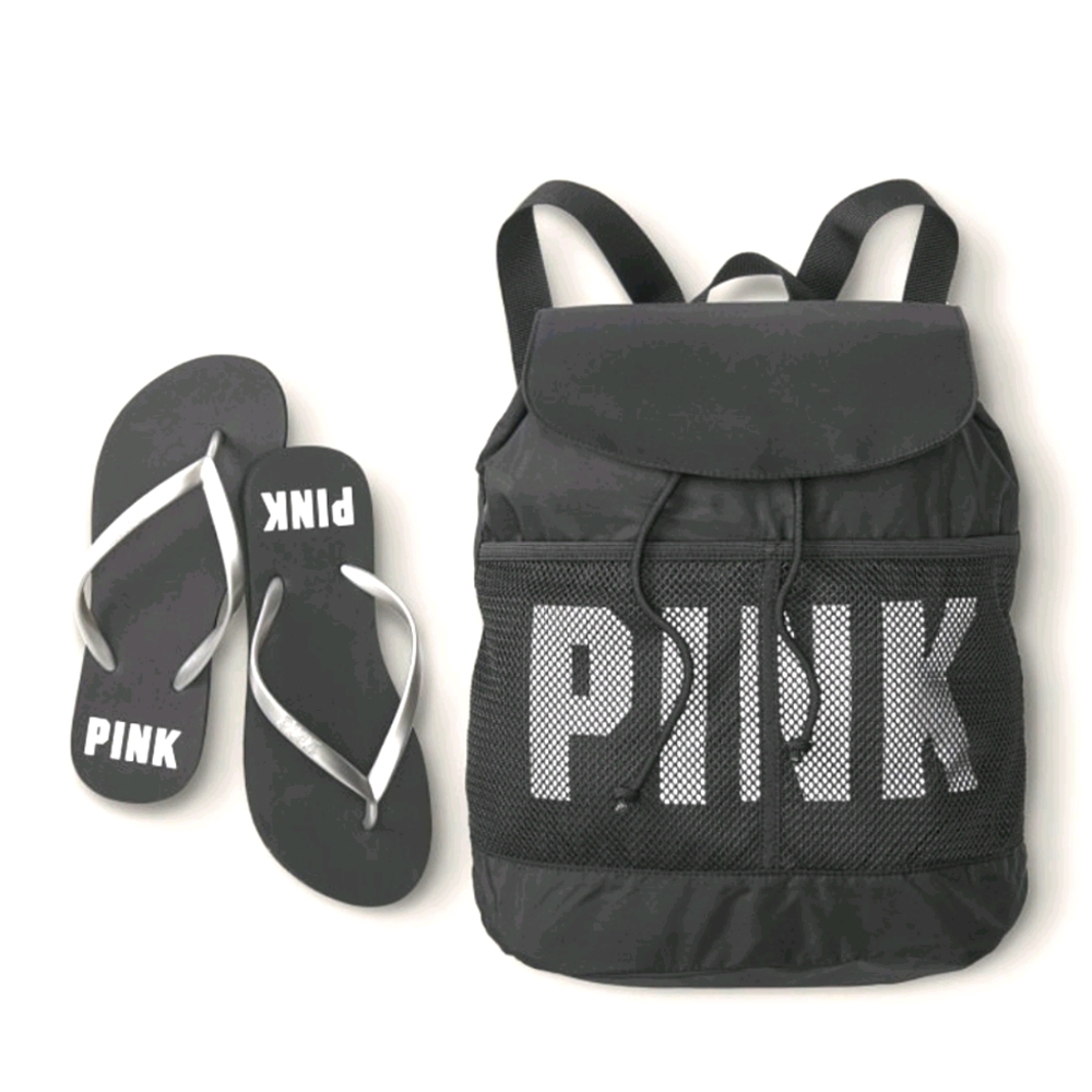 VS Pink Draw String Backpack and Logo Flip Flops